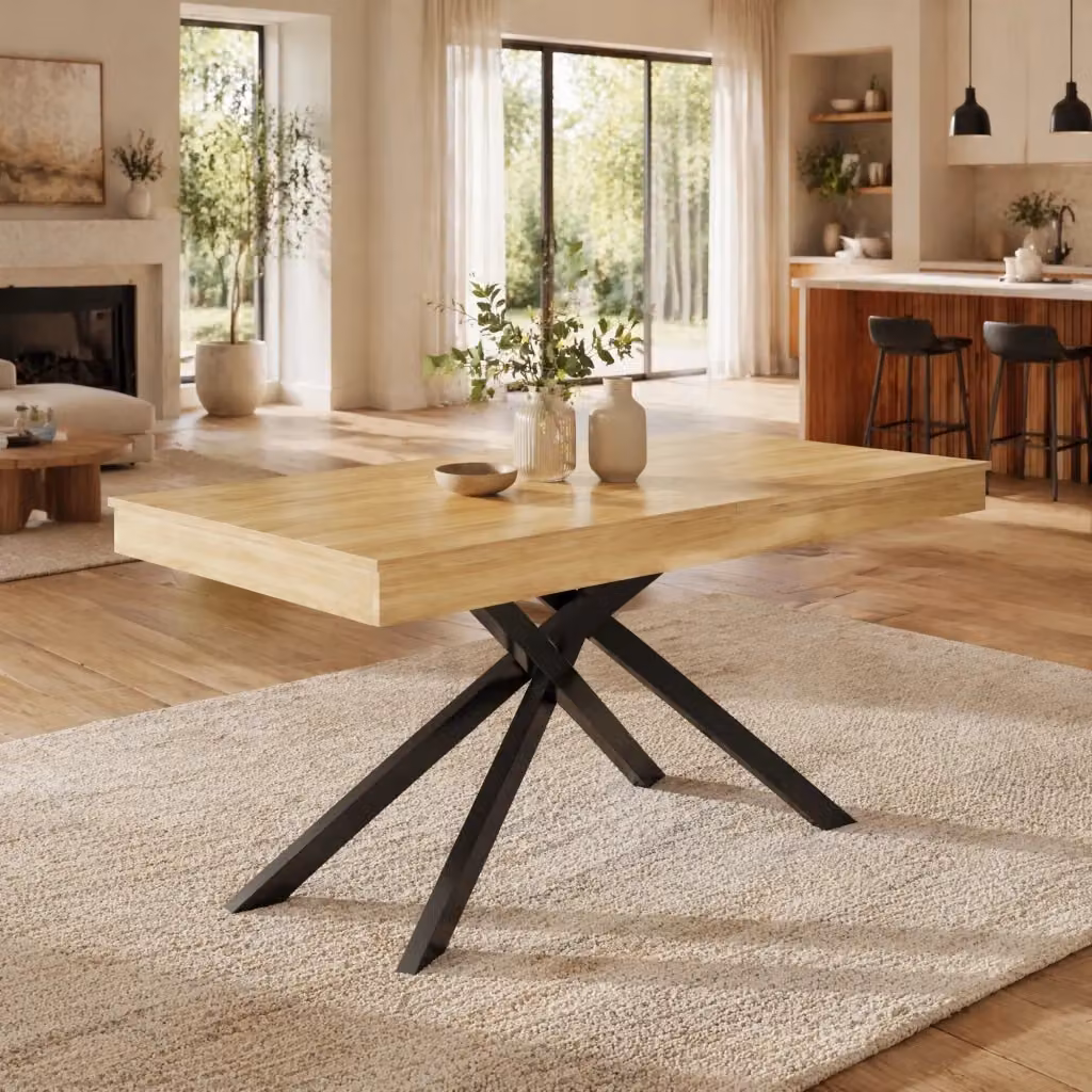 Tavolo da pranzo allungabile REDOM in MDF color quercia e marrone con struttura a X e finitura opaca – 2