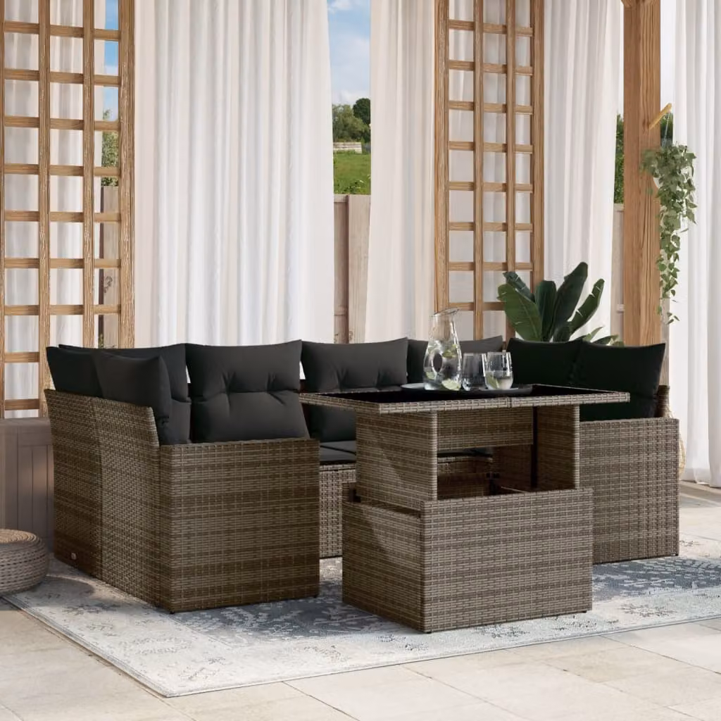 vidaXL Set Divani da Giardino 7 pz in Polyrattan Grigio con Cuscini e Tavolino – 1