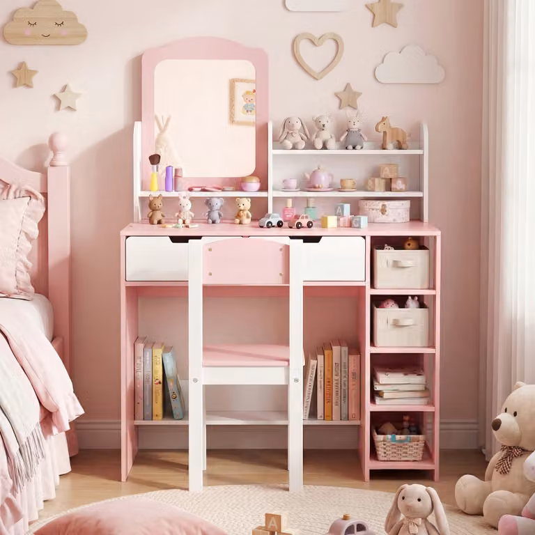 Set Toletta da Trucco per Bambini Costway con Tavolino, Sgabello e Scaffale Libreria, Colore Rosa