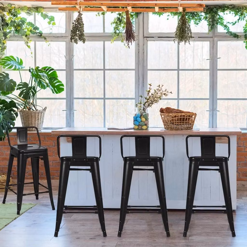 Set di 4 Sgabelli da Bar Impilabili COSTWAY in Metallo con Schienale Rimovibile e Poggiapiedi Design Industriale Nero e Grigio Matt – 2