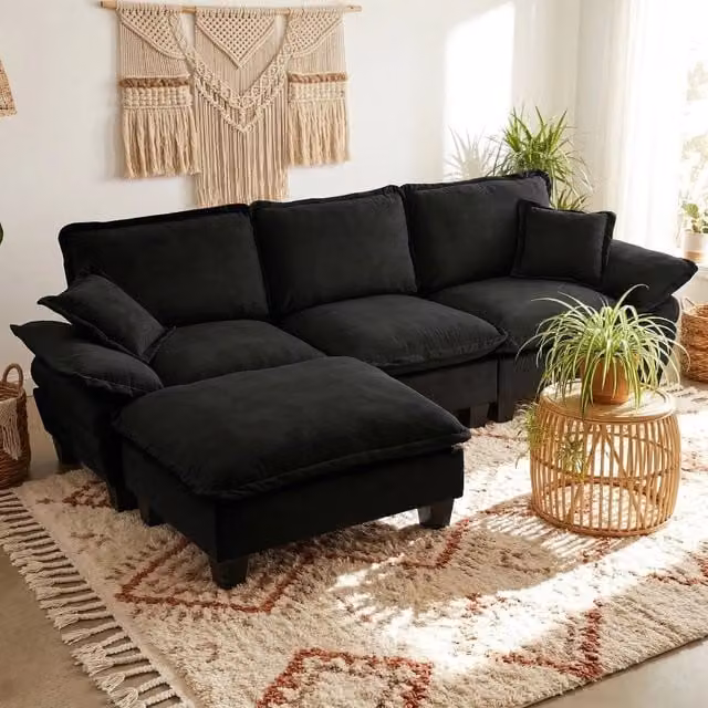 Divano Angolare Modulare con Ottomane ¨C MINIMAL ¨C Chenille, Nero, 5 Posti