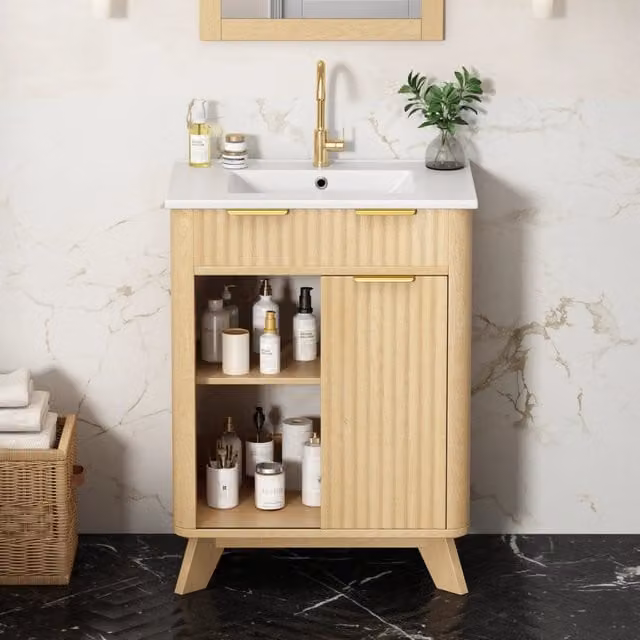 Mobile da bagno freestanding Minimal in tono legno naturale con anta a rullo e ripiani interni, L: 61 cm, H: 90 cm, P: 47 cm – 1