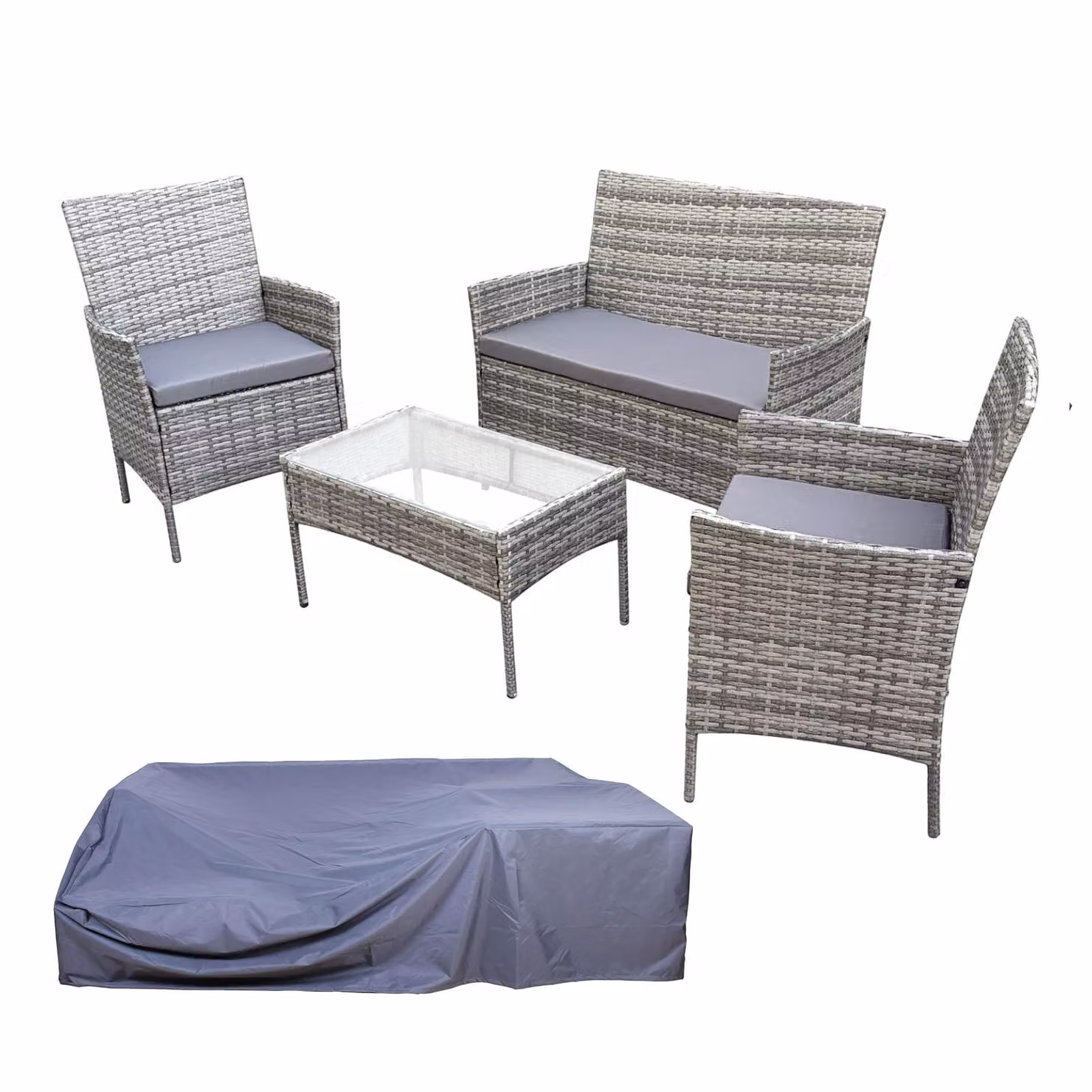 SVITA BROOKLYN: Set da giardino per lounge, composto da 4 pezzi, con copertura protettiva. Set da lounge in rattan sintetico, resistente agli agenti atmosferici, ideale per giardino, terrazza o balcone. Include cuscini e tavolo in vetro. Colore: grigio