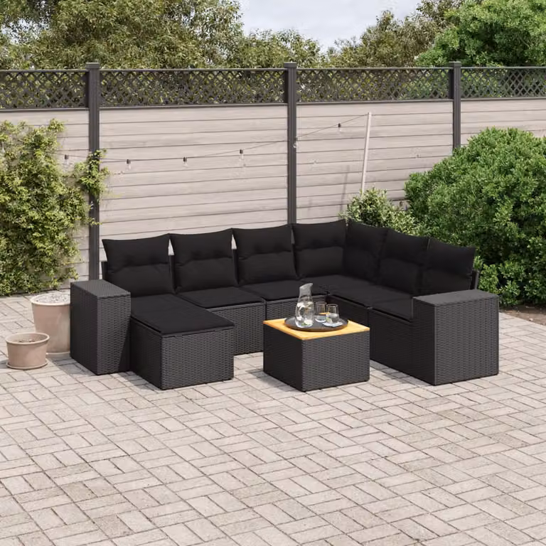 Set di Divani da Giardino vidaXL a Forma di L in Polyrattan Nero con 8 Cuscini e Tavolino