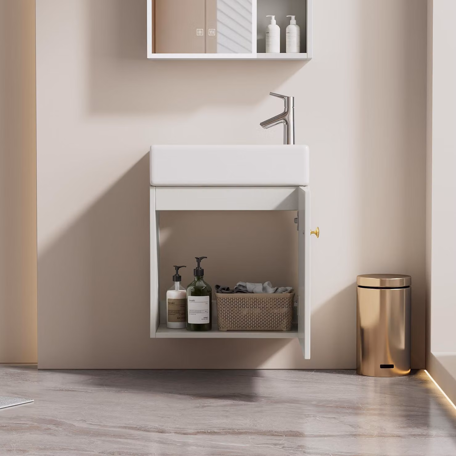 Mobiletto bagno sospeso Aosom Italy con lavabo e armadietto, modello salvaspazio impermeabile, Bianco, L: 46 cm, P: 26 cm, H: 56 cm – 2