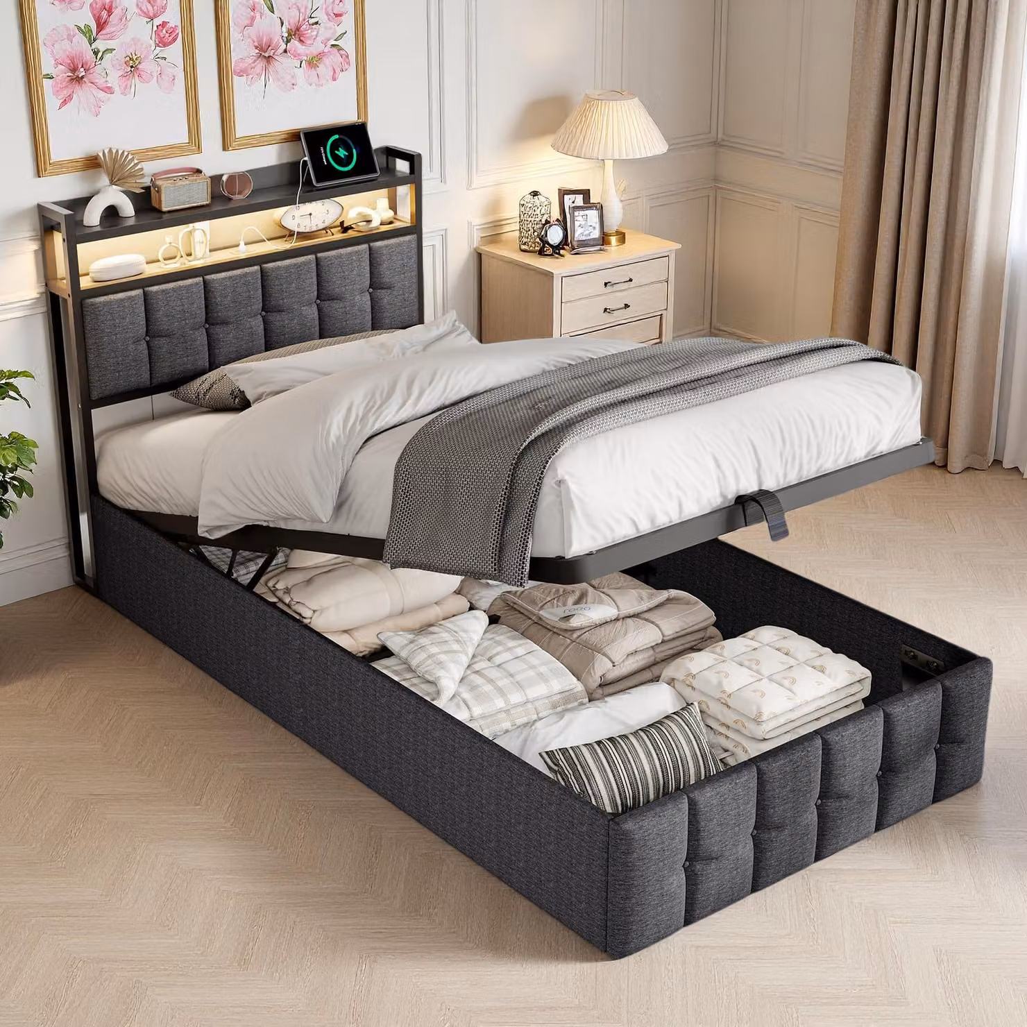 UnboxG Letto a gas 90×200 cm, grigio, tessuto di lino, letto singolo con testiera LED, porta di ricarica USB e Type-C, spazio di stivaggio sotto il letto, letto contenitore / letto da camera da letto