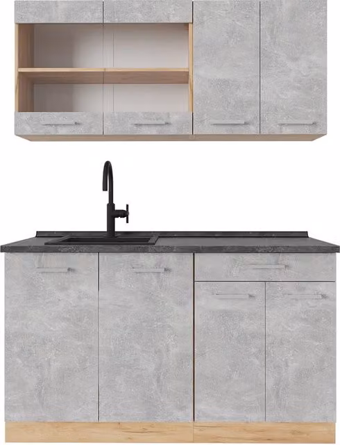 Cucina monoblocco R-Line Calcestruzzo/Rovere dorato 140 cm, PL Antracite Vicco