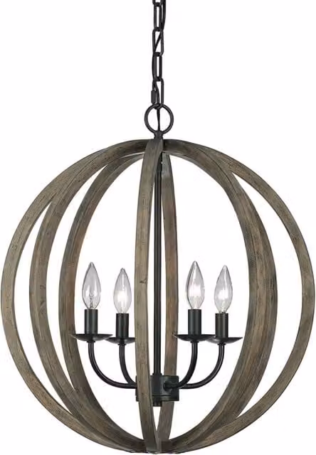 Lampadario Industrial Nordico Allier Legno Rovere Ferro Grigio 4 Luci E14