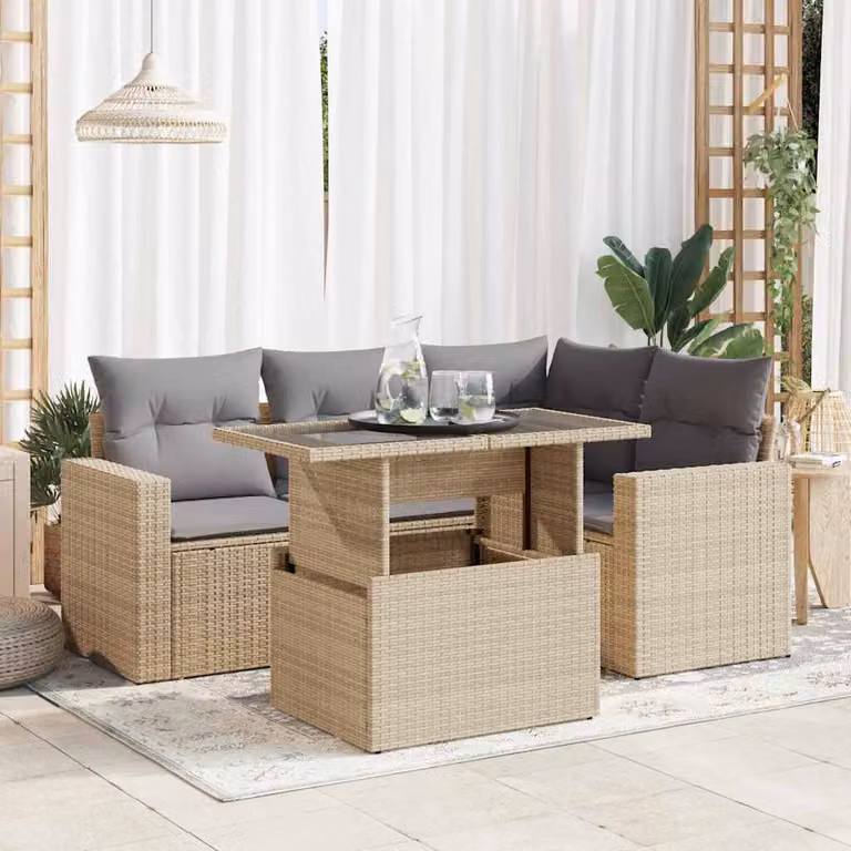 Set Divano da Giardino a L vidaXL in Polyrattan con Cuscini Beige e Tavolino da Esterno