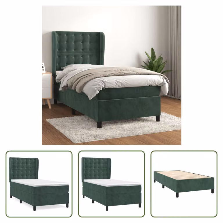 The Living Store Letto a molle con materasso verde scuro 90x190 cm in velluto