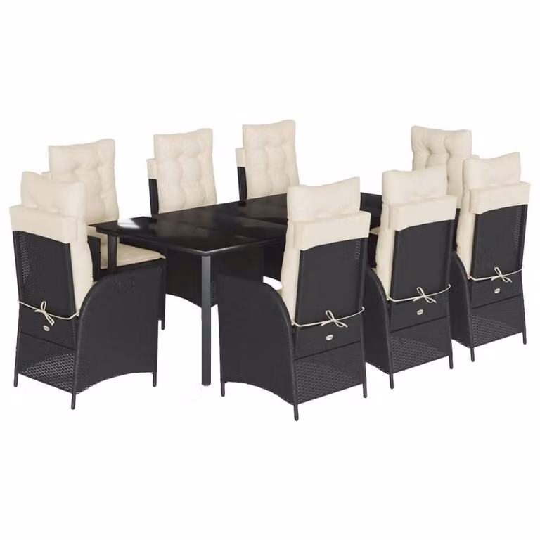 Set da Pranzo da Giardino 9 pz con Cuscini Nero in Polyrattan