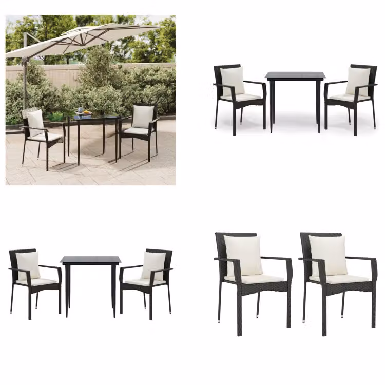 vidaXL Set da pranzo da giardino 3 pezzi con cuscini in poly rattan nero - Set da pranzo da giardino - Set da pranzo da giardino - Set da pranzo da terrazza