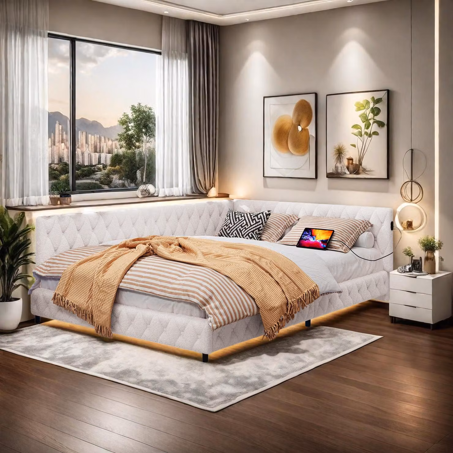 Letto imbottito INONEFT 140x200 cm con LED e caricabatterie USB, divano letto multifunzione con rete a doghe, letto a due piazze per giovani con testiera in velluto, color beige