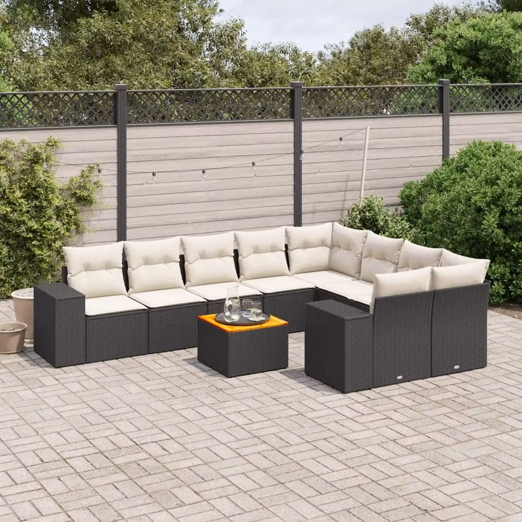 vidaXL Set di Divani da Giardino a Forma di U in Polyrattan Nero con Cuscini e Tavolino da Esterno – 1