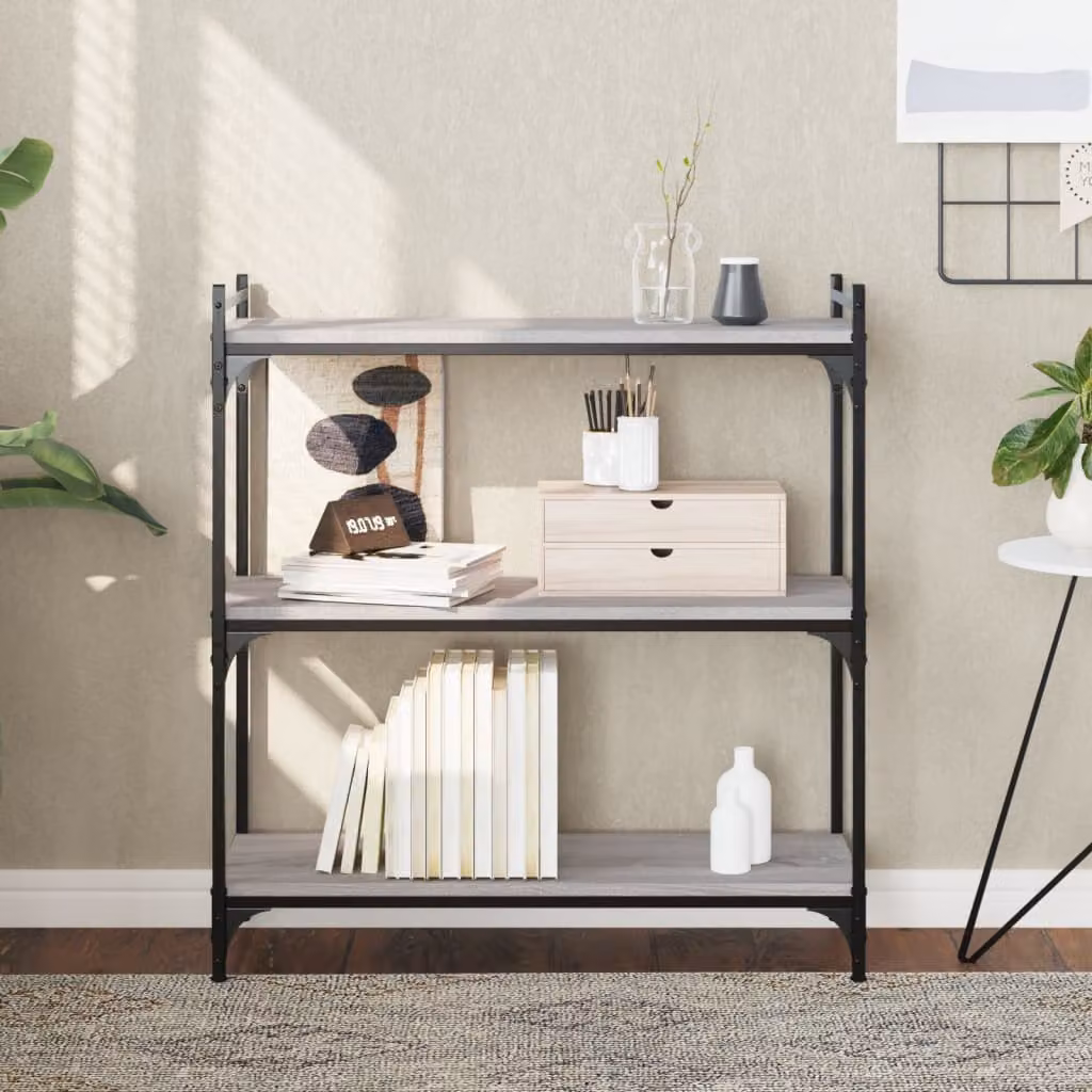 Libreria a 3 Ripiani vidaXL in Stile Industrial Grigio con Legno e Metallo L: 80 cm, P: 30 cm, H: 86 cm
