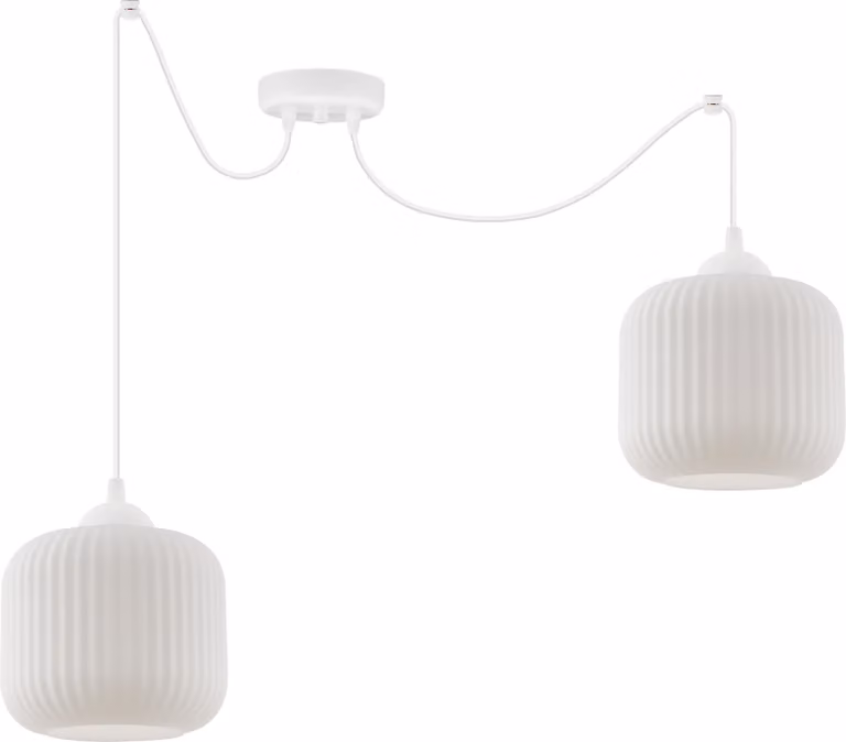 Lampada a sospensione Spider Riffle bianca a 2 luci con paralumi cilindrici bianchi E27