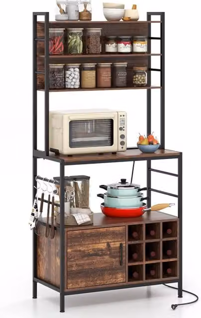 Scaffale da Cucina Costway con Multipresa e 5 Ripiani, Mensola per Microonde con 4 Ganci e 9 Portabottiglie, Stile Rustico in Legno e Metallo, H 160 x L 107 x P 37 cm, Marrone e Nero