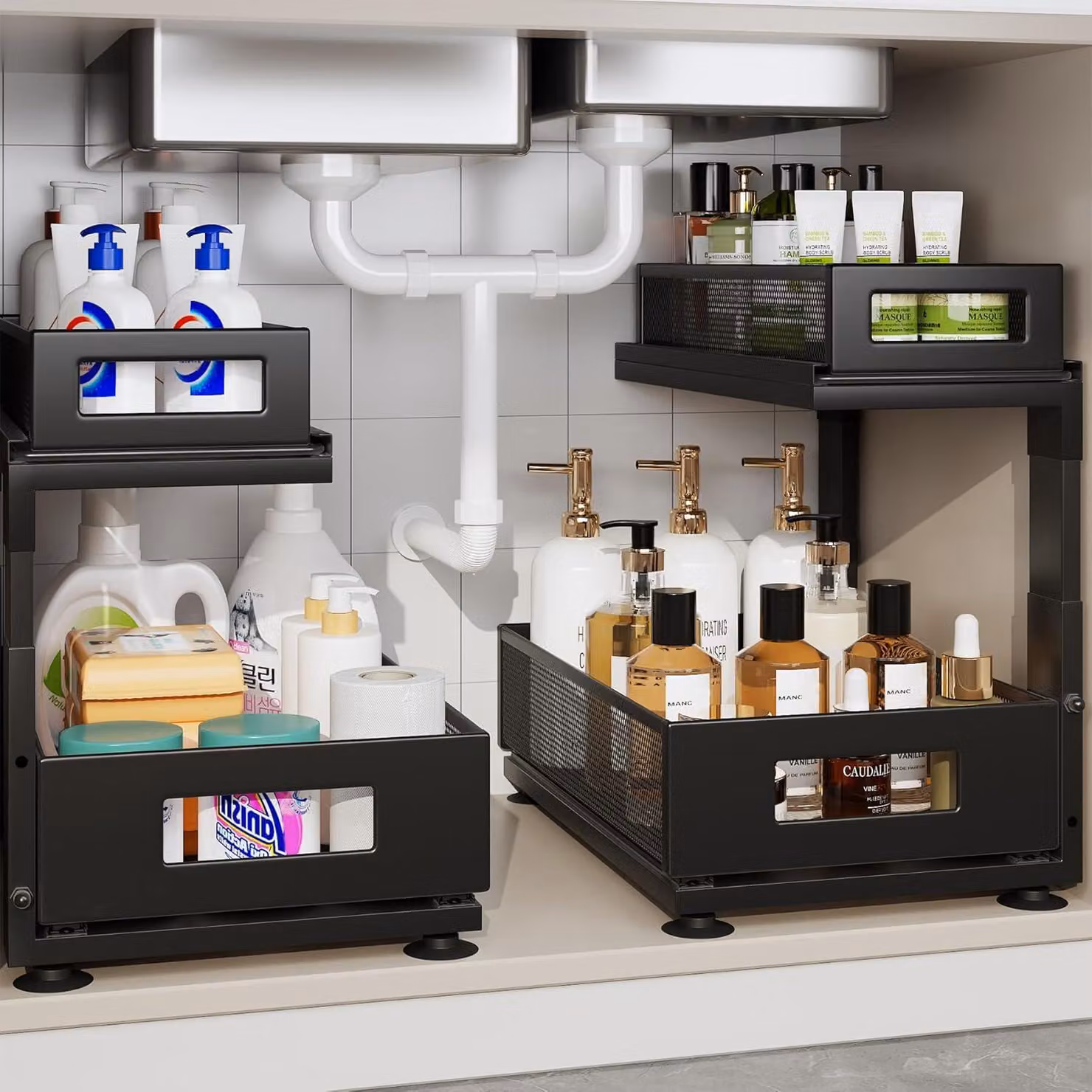 Organizer da lavello nero con contenitore, per cucina e bagno