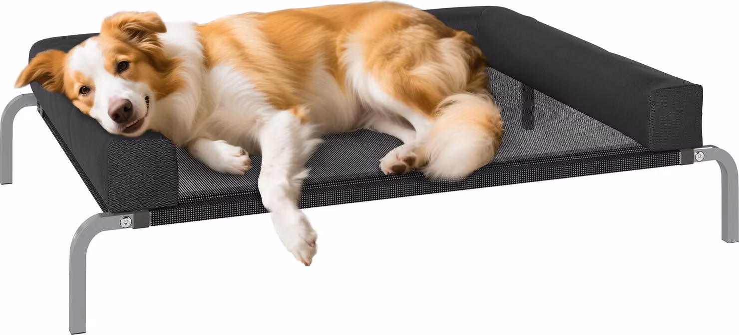 PawHut Letto rialzato per cani, letto portatile per cani da interno ed esterno, con cuscino a U, rete traspirante, resistente ai morsi, 110 x 75 x 30 cm, nero