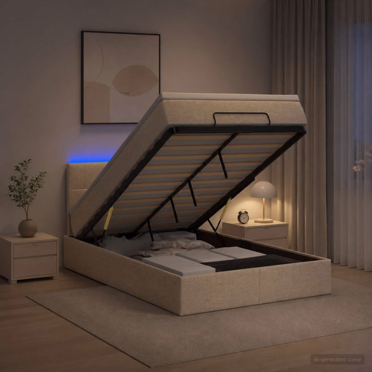 Letto Ottomano vidaXL con Materasso, Illuminazione LED e Porte USB, Tessuto Beige e Bianco, L/P: 120 x 200 cm