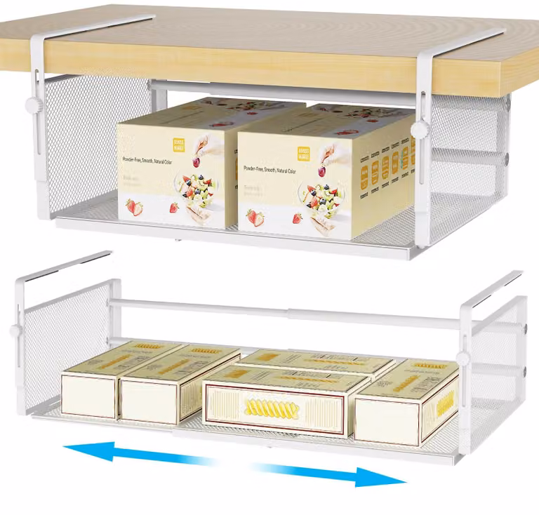 Set di 2 organizer da posizionare sotto il ripiano, regolabili da 38 a 57,5 cm, colore bianco