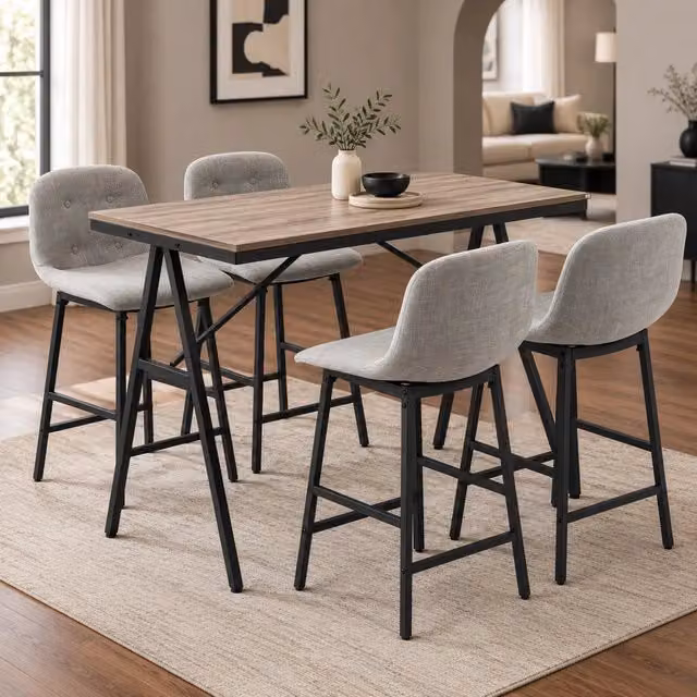 Set tavolo cucina e sedie con 1 tavolo e 4 sgabelli, poggiapiedi, poliestere marrone chiaro e metallo nero