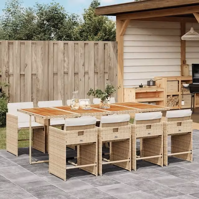 Set da Pranzo da Giardino 9 pz con Cuscini Beige in Polyrattan 3211108