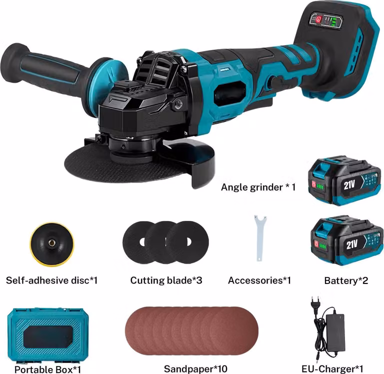 Smerigliatrice angolare, motore brushless, velocità variabile, blu 2 batterie