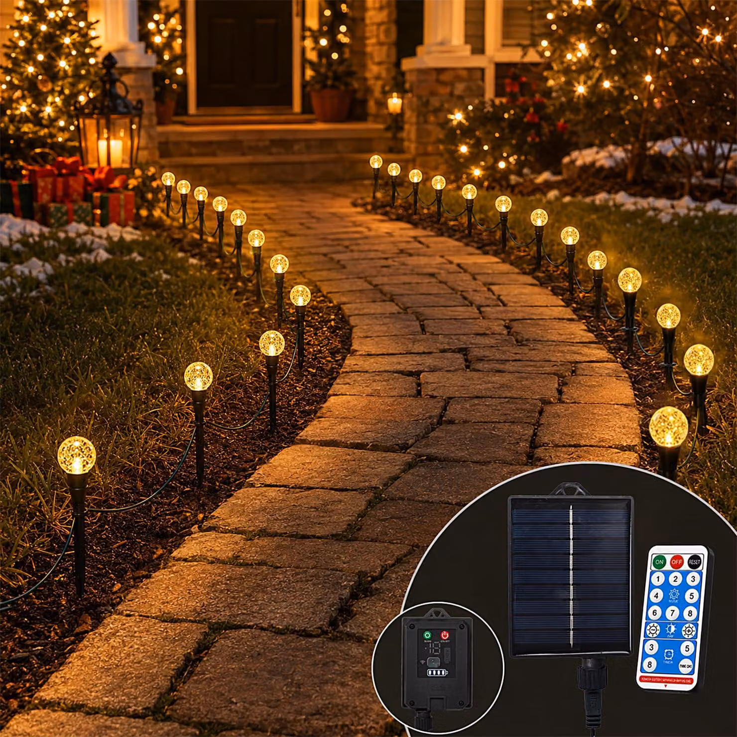 Catena luminosa solare con 50 LED, luce bianco caldo, grado di protezione IP65, lunghezza 7 metri, con telecomando