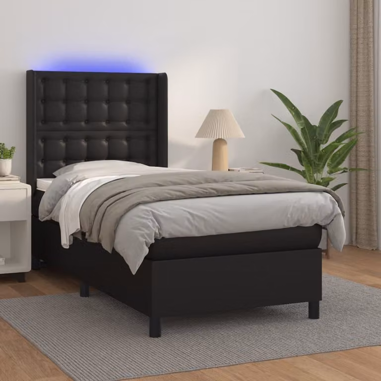 The Living Store Letto a molle con materasso e LED nero 100x200 cm in ecopelle