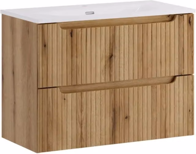 Set da bagno VANO in rovere chiaro 80cm: mobile sottolavabo con cassetti e frontale scanalato + lavabo incassato