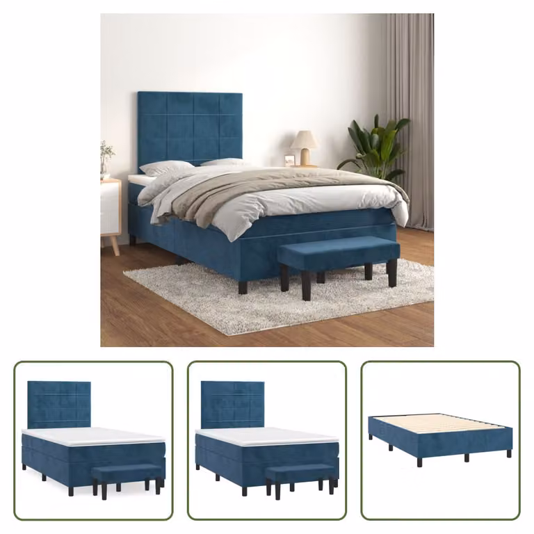 The Living Store Letto a molle con materasso blu scuro 120x200 cm in velluto