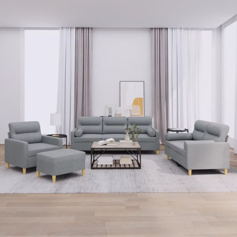 Set di Divani vidaXL 4 Pezzi Moderno in Tessuto Grigio con Cuscini e Ottoman
