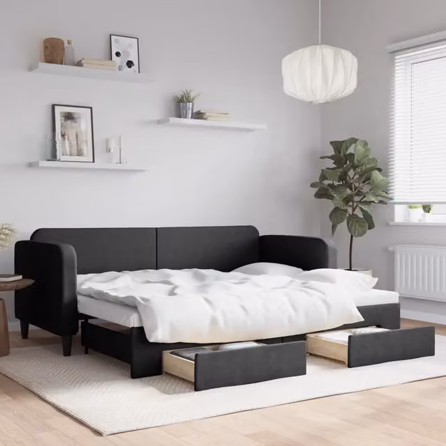 Divano Letto Estraibile con Cassetti-Sofa Letto-Daybed Nero 80x200 cm in Tessuto 310434