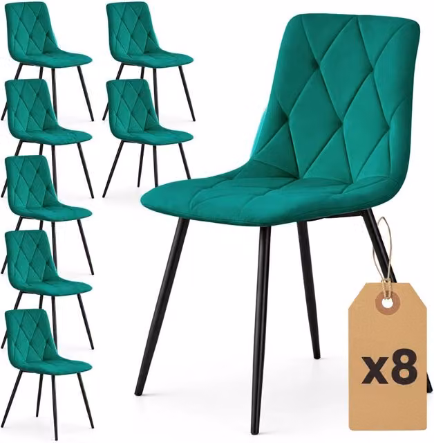 Set di 8 Sedie in velluto trapuntate MILO Verde Bottiglia gambe nere