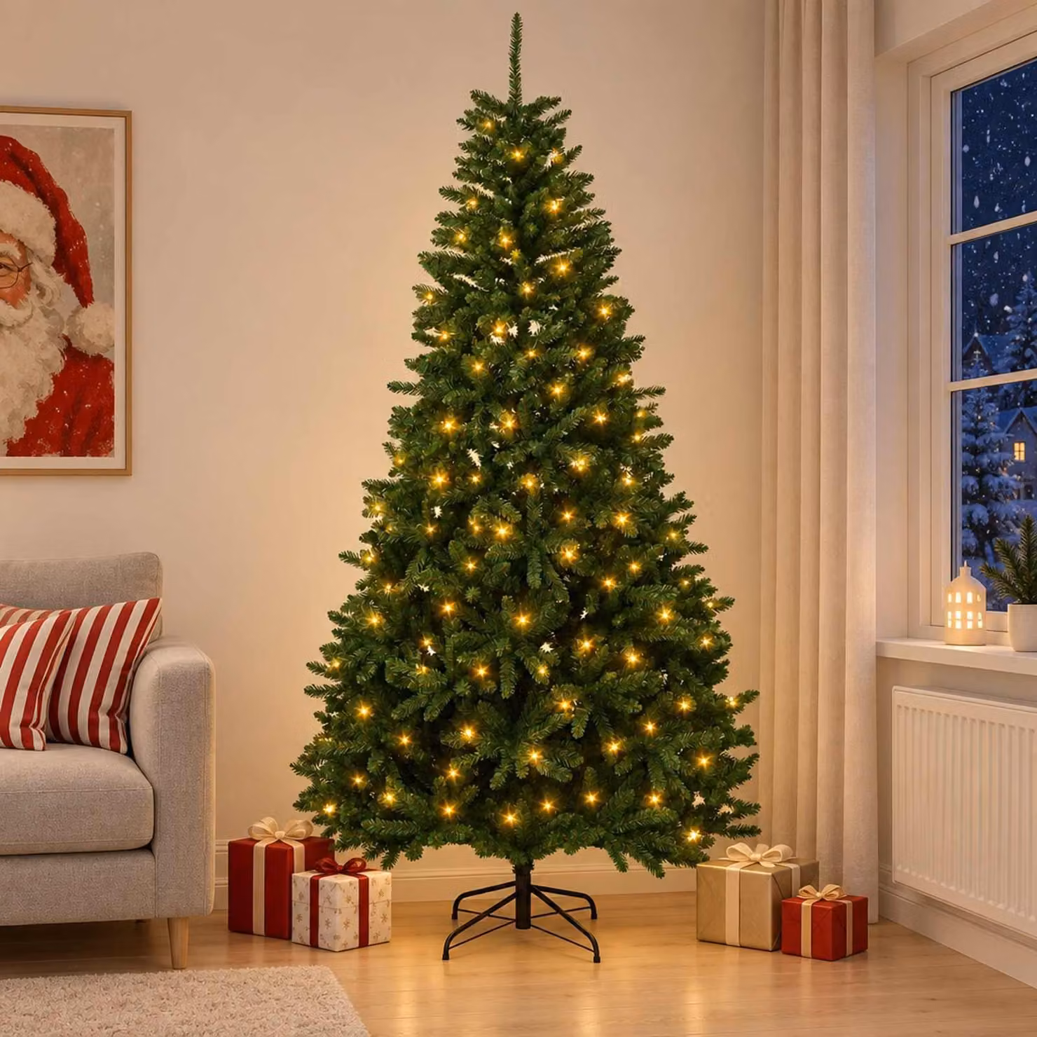 Albero di Natale artificiale pieghevole, altezza 300 cm, con 600 luci a LED