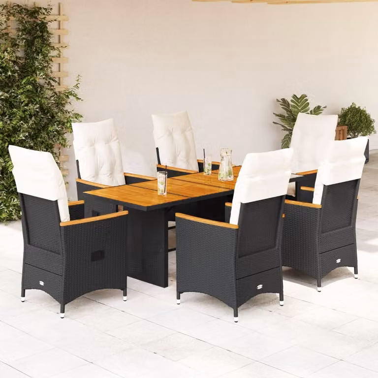 Set da Pranzo da Giardino vidaXL in Legno di Acacia e Polyrattan con 7 Pezzi e Cuscini