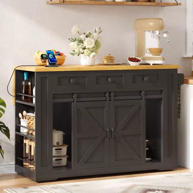 Isola da cucina mobile con piano ribaltabile 130x50(80)x87 cm in MDF nero e naturale