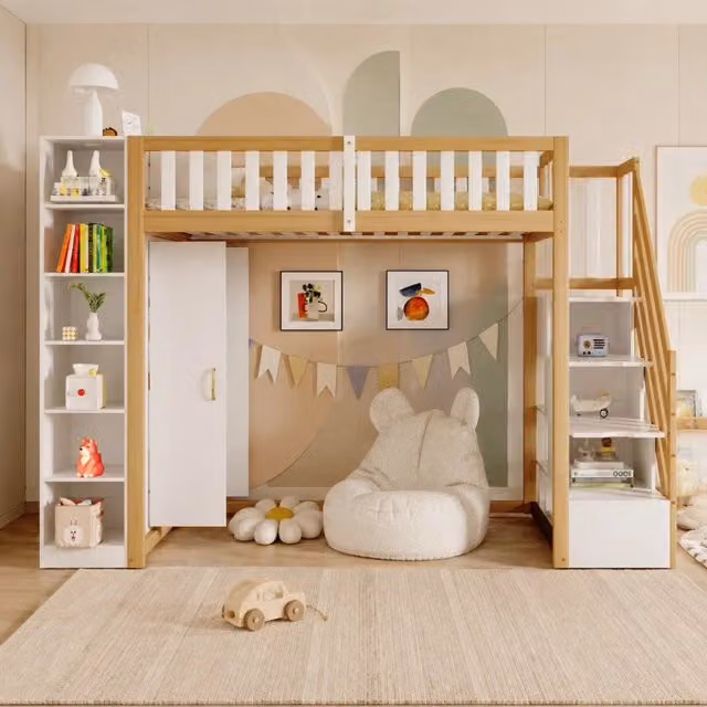 Letto a soppalco MIVRAY per bambini con armadio, ripiani e scala con cassetti in legno bianco e beige, L/P/H: 290 x 90 x 173 cm