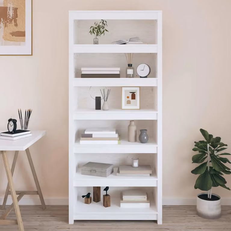 Libreria moderna vidaXL in legno massello di pino bianca con pannello posteriore L 80 cm, P 35 cm, H 183 cm