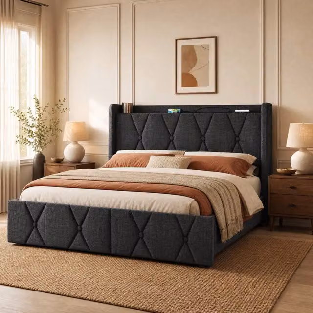 Letto imbottito 140x200 cm grigio con 4 cassetti, prese USB e rete a doghe