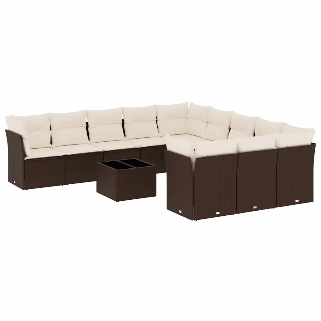 Set di Divani da Giardino vidaXL a Forma di U in Polyrattan Marrone con Cuscini Bianchi e Tavolino da Caffè in Vetro – 2