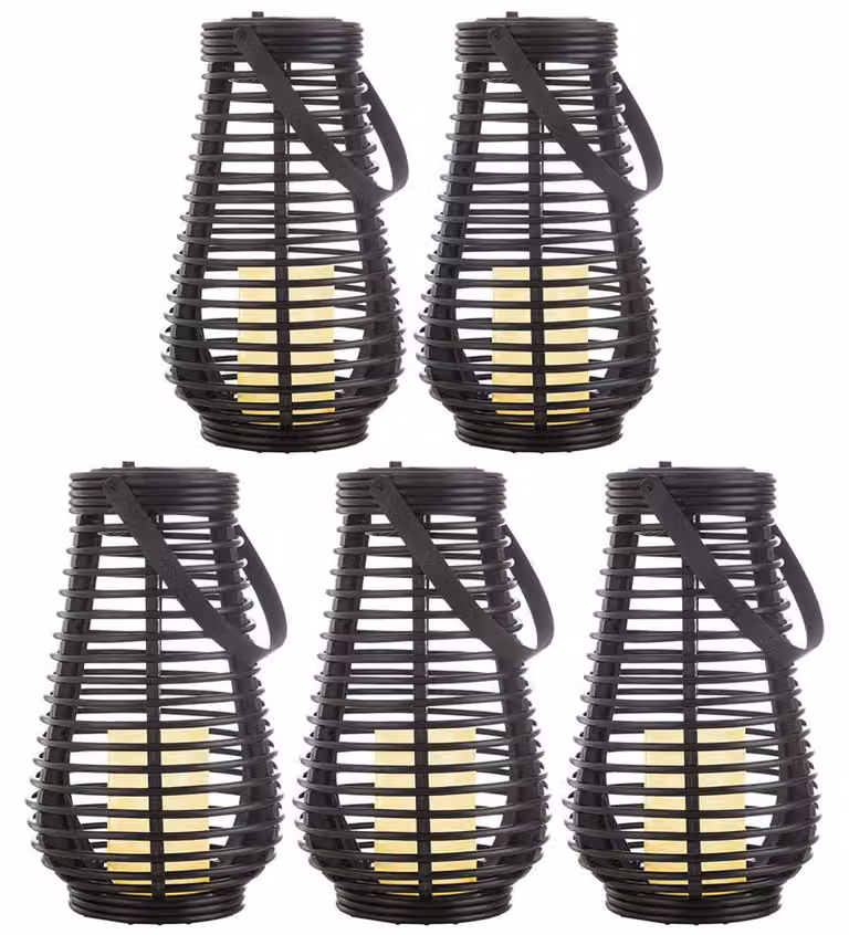 5 lanterne a LED, nere, con sensore di luminosità, design a griglia, grado di protezione IP44, altezza 26 cm