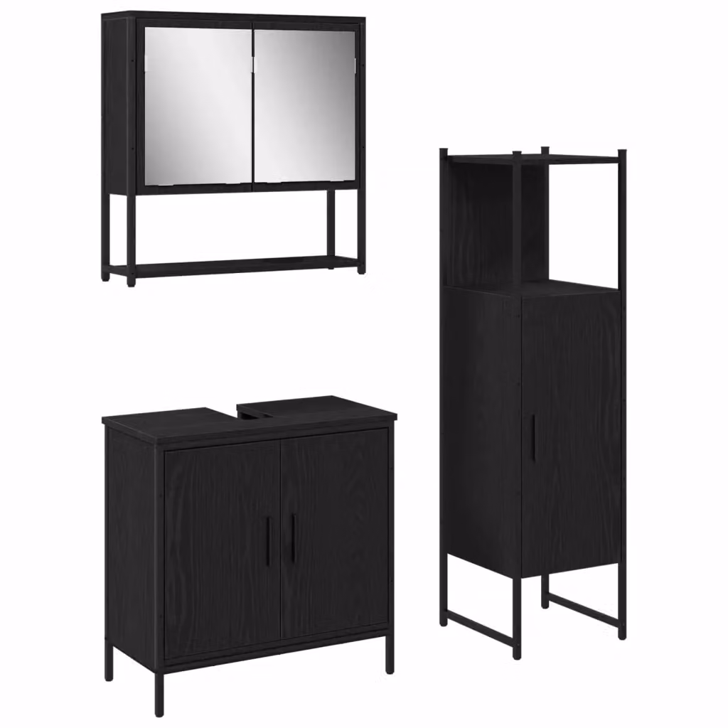 Set di mobili per il bagno vidaXL composto da 3 pezzi in nero opaco, include armadietto a specchio, mobile sottolavabo e pensile, H x L x P: 113,5 x 60 x 30 cm – 2