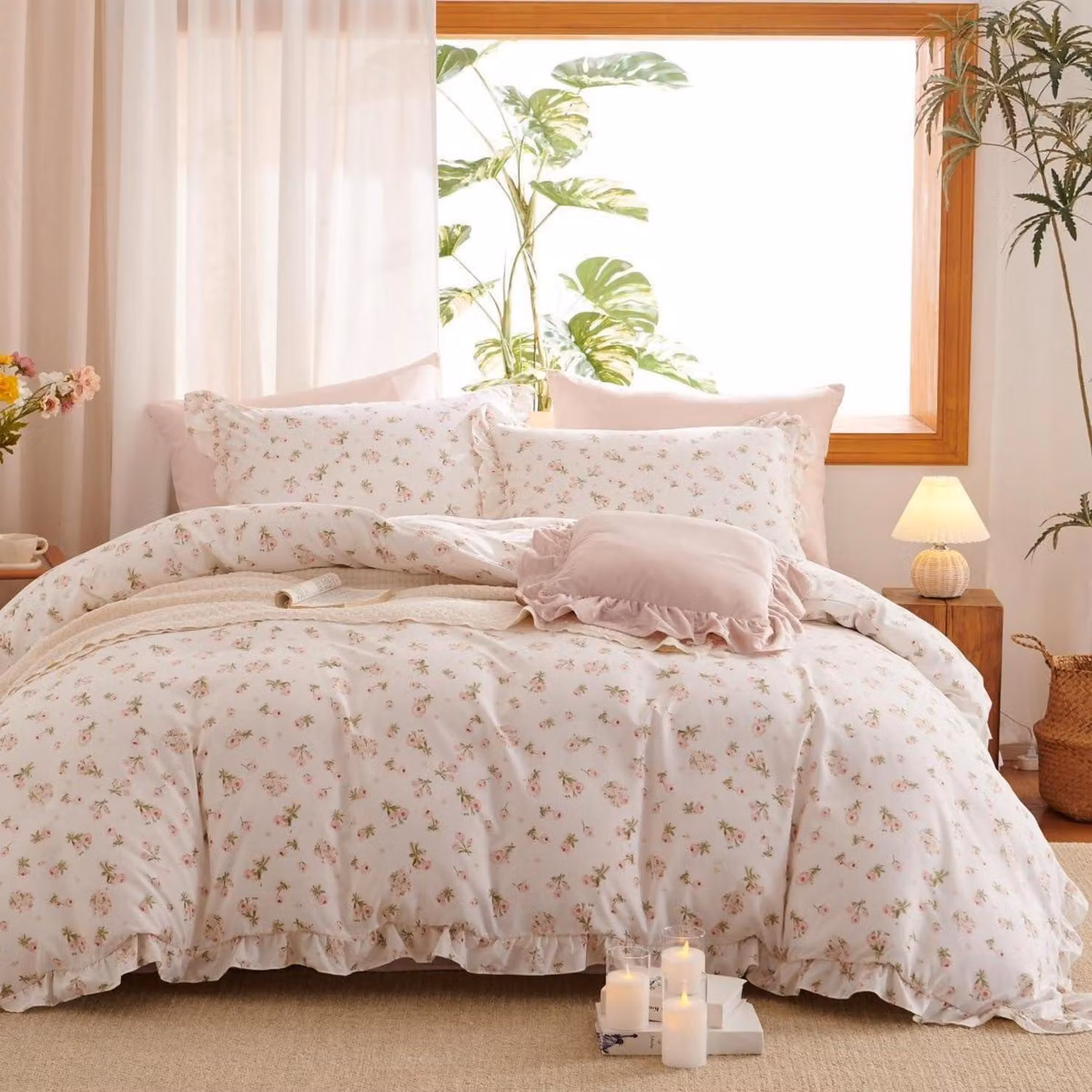 Set di lenzuola con volant, 155x220 cm, rosa, motivo floreale, microfibra, 2 pezzi, Oeko-Tex