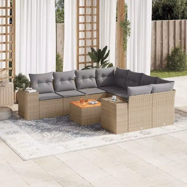 Set Divano da Giardino 9 pz con Cuscini Beige in Polyrattan 3225373