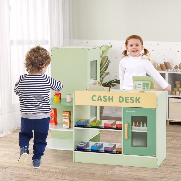 Costway Set di giocattoli in legno per supermercato con bancone cassa POS e distributore automatico Verde