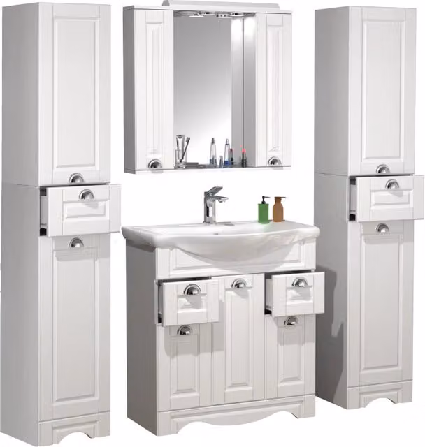 Set Bagno Completo Ezooza 5 Pezzi Bianco con Mobile Lavabo, 2 Colonne e Pensile a Specchio