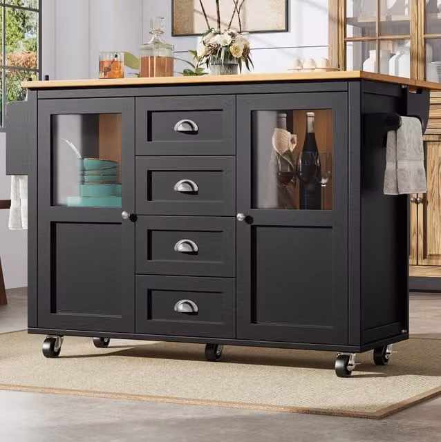 Isola cucina con ruote, 137,9x73x92,5 cm, struttura MDF e metallo, con tavolo ribaltabile, ripiani regolabili, 4 cassetti, portaspezie e portasciugamani, bianco/nero