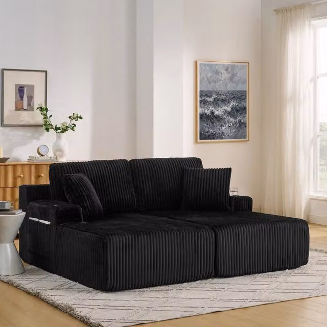 Divano Letto 2 Posti Relax ¨C Xylo ¨C Tessuto a Coste, Nero, con Cuscini e Portabicchieri